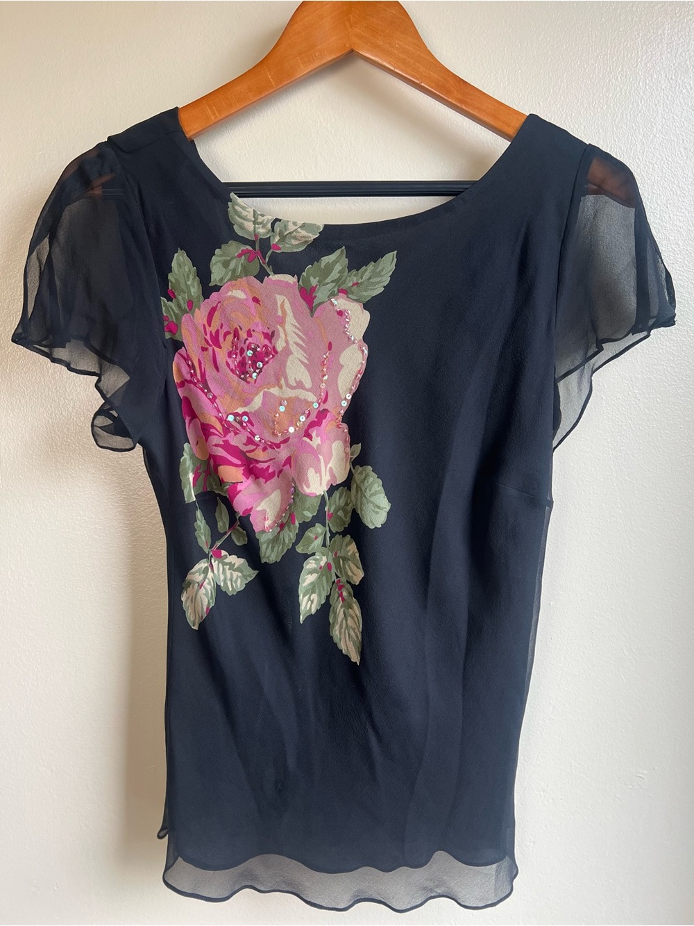 Vintage Y2K 100% Silk Floral Sequin Blouse Cowl Back Size 10